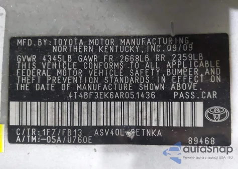 2010 Toyota Camry Le из США, поврежденный, VIN 4T4BF3EK6AR051436